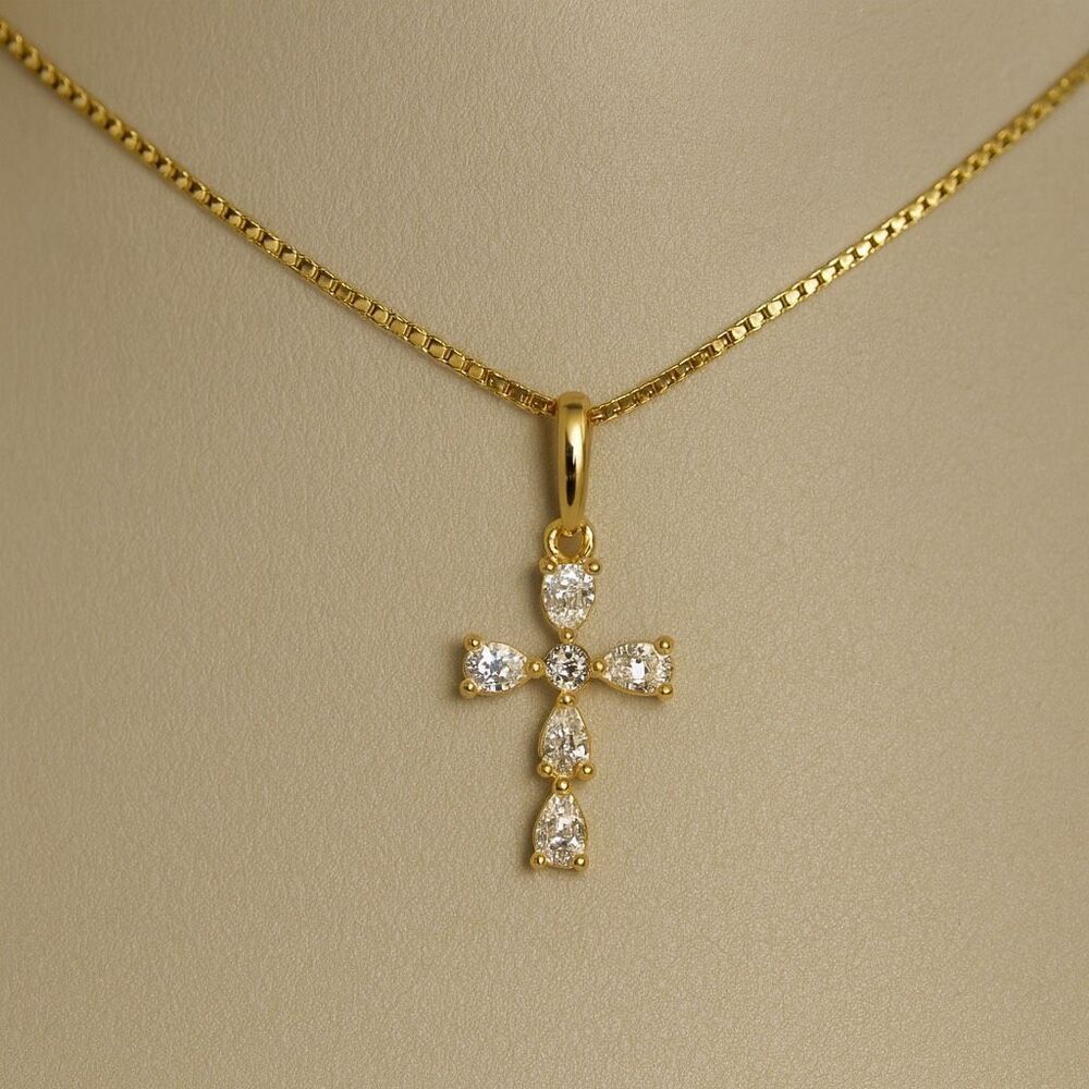 Solid 14k Yellow Gold Cross Pendant Necklace CZ Stones Small Dainty Chain New